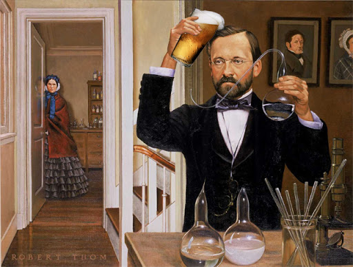 Living well in the 21st century - Limassol, Cyprus - a picture of Louis Pasteur in his lab filtering beer in a cup, background picture with a self-portrait, and Emil Christian watching from behind the door. 